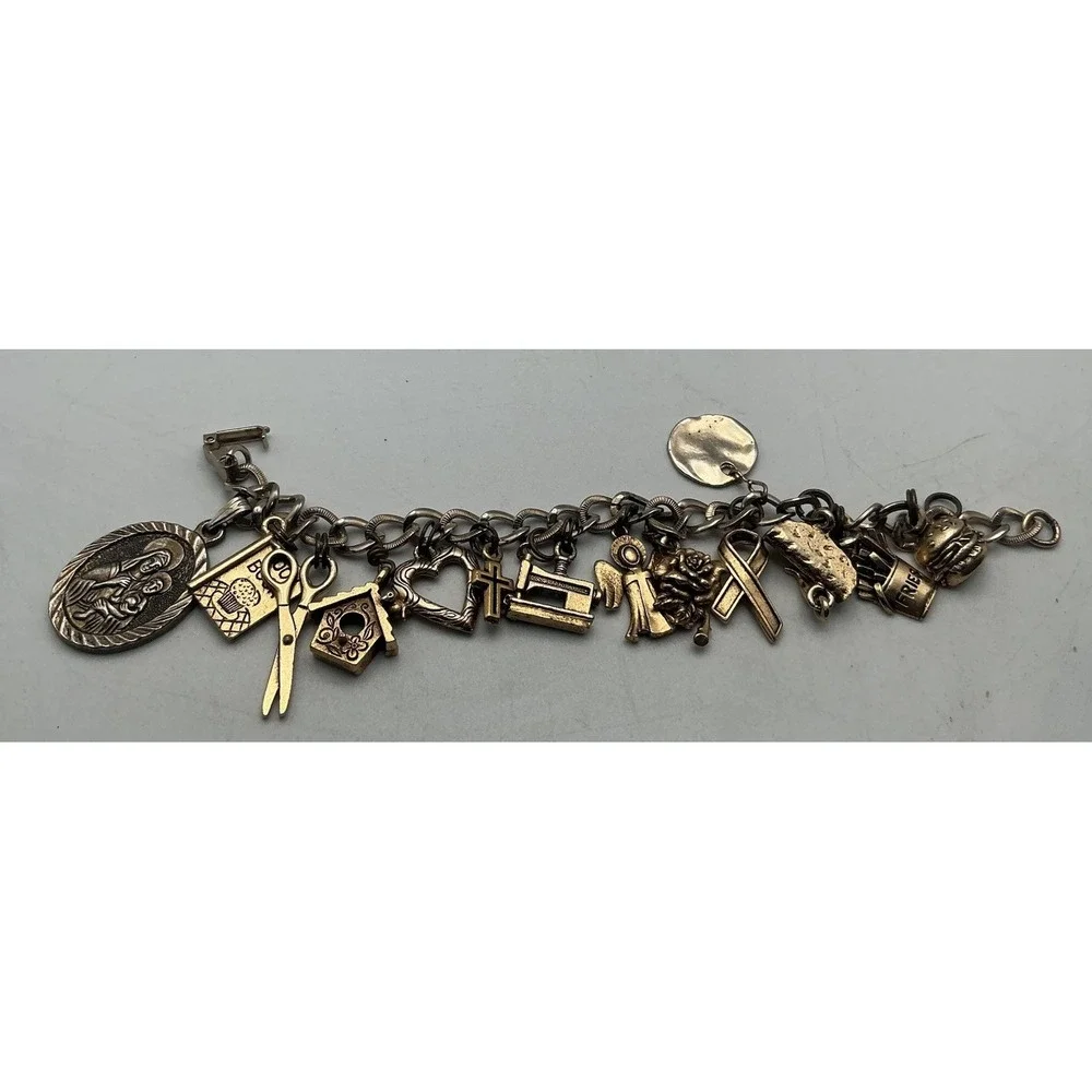 Vintage Mid Century‎ Gold Filled 14 Charm Bracelet Wells Inc Fast Food Religious